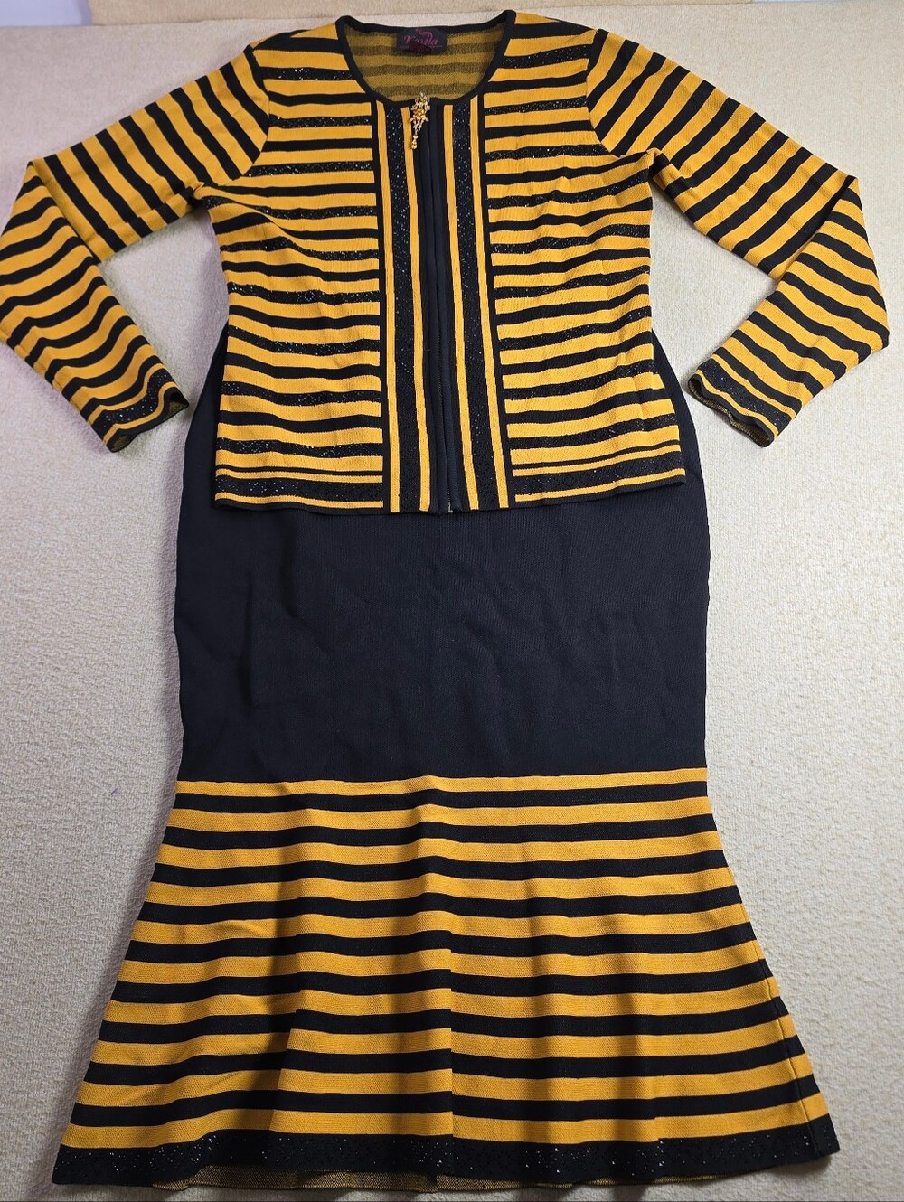 Kayla By Tally Taylor 2 Pc Skirt Suit Set Black Gold Striped Rhinestone 12